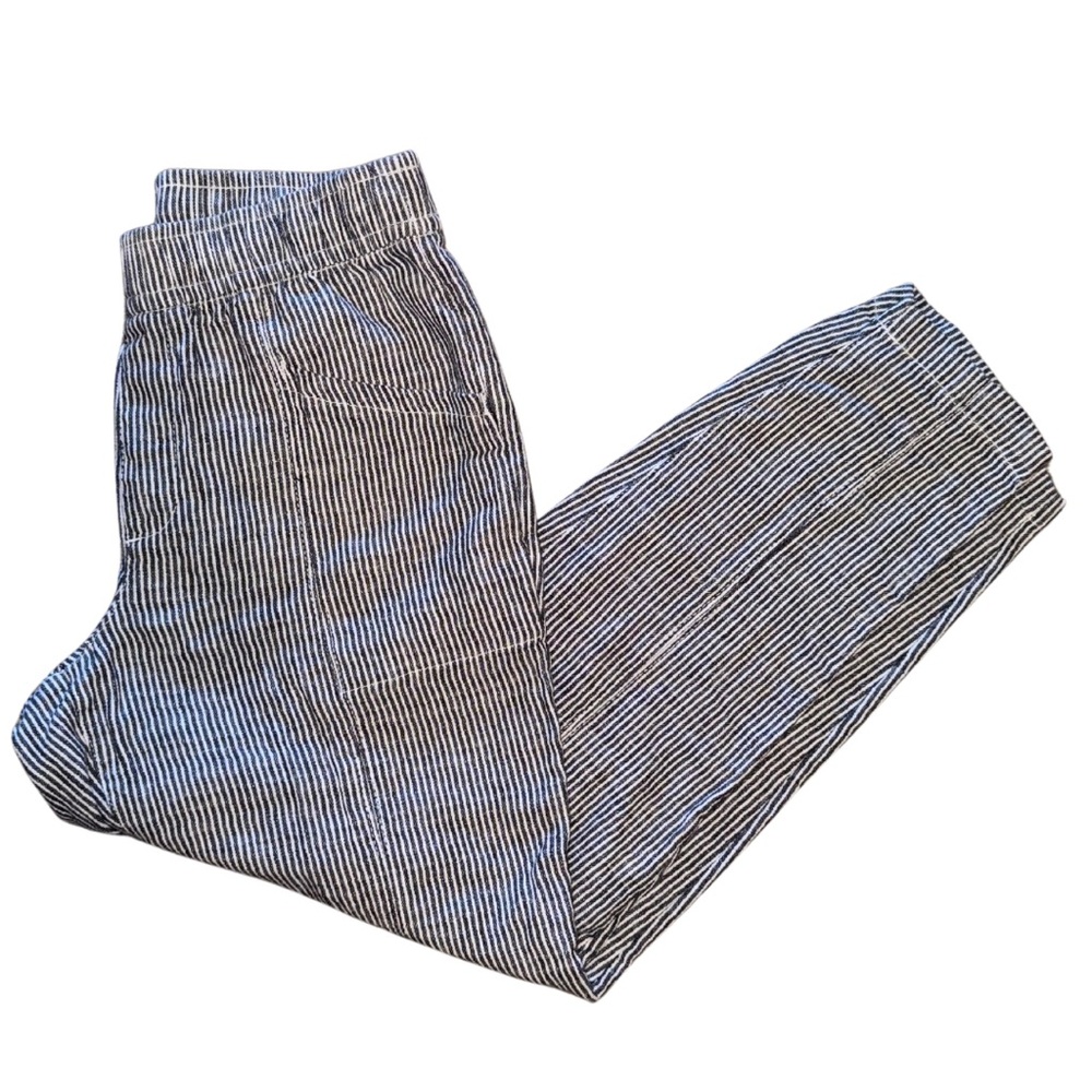 Blue and white striped trousers with elastic waist